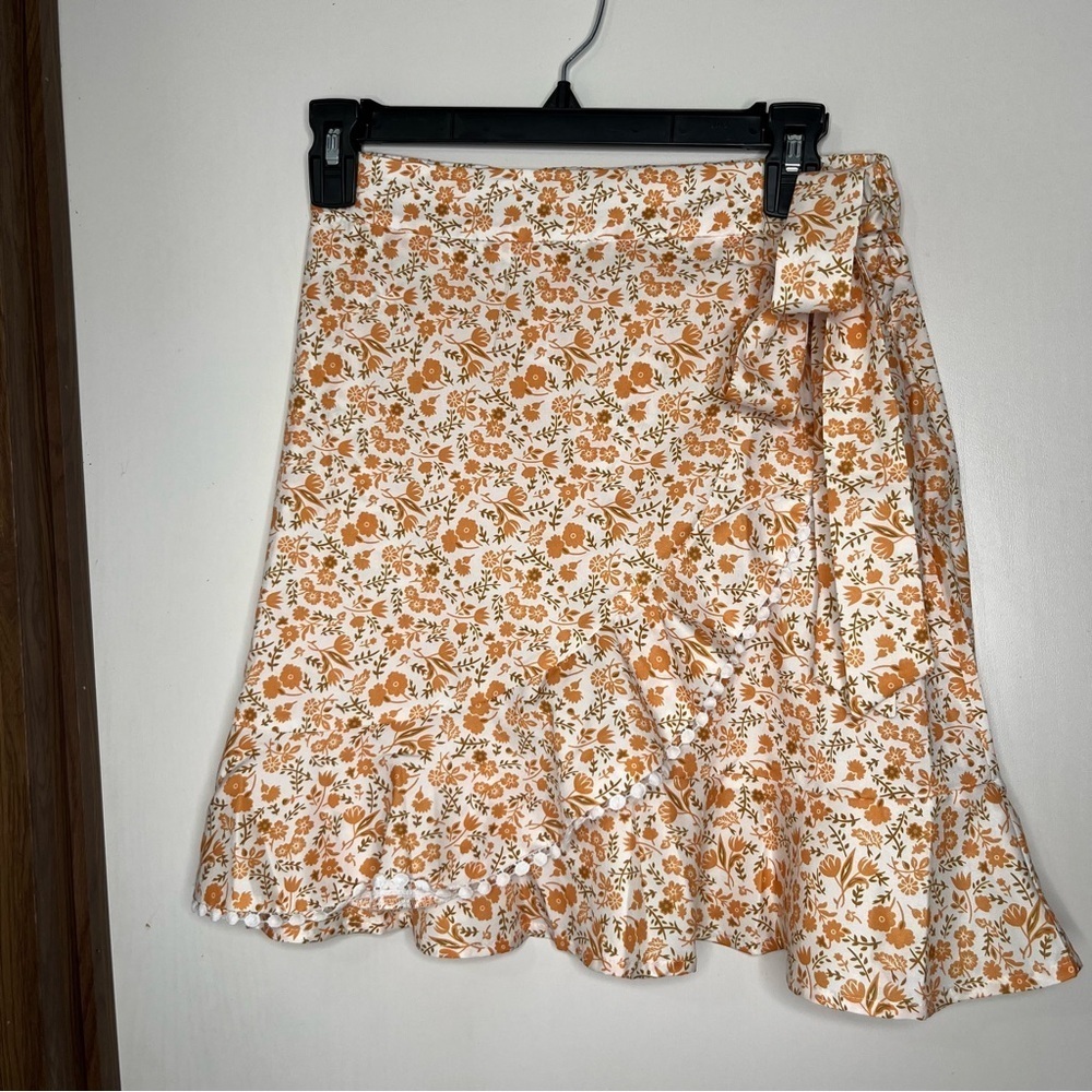 Simplee Orange Wrap Skirt with Tie Front